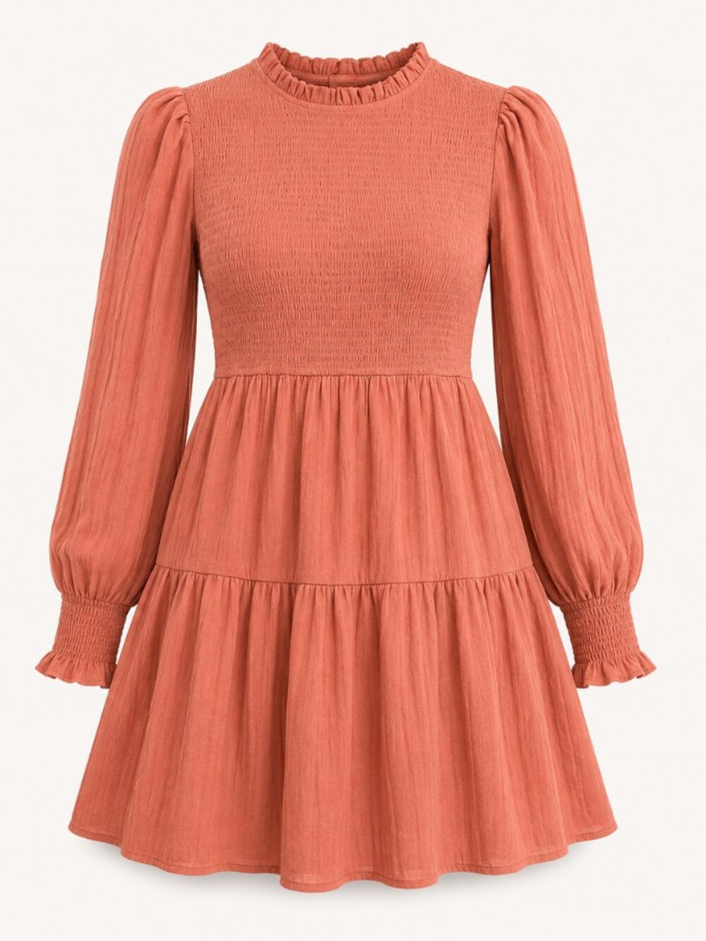 Smocked Bodice Long Sleeve Tiered Dress in Rust